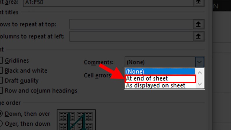 Ở hộp thoại xổ xuống chọn At end of sheet