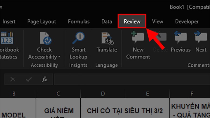 Mở file Excel muốn in > Chọn thẻ Review