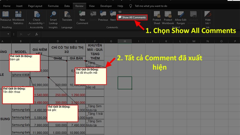 Ở mục Comments > Chọn Show All Comments để hiện tất cả Comment