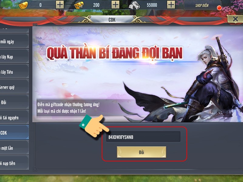 Nhập code để đổi qu&agrave;