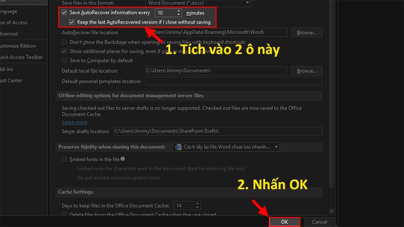 Tích vào Save AutoRecover infomation every > Chọn thời gian lưu tự động