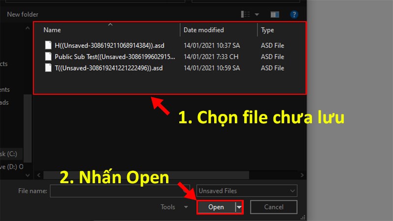 Chọn file Word chưa lưu > Nhấn Open