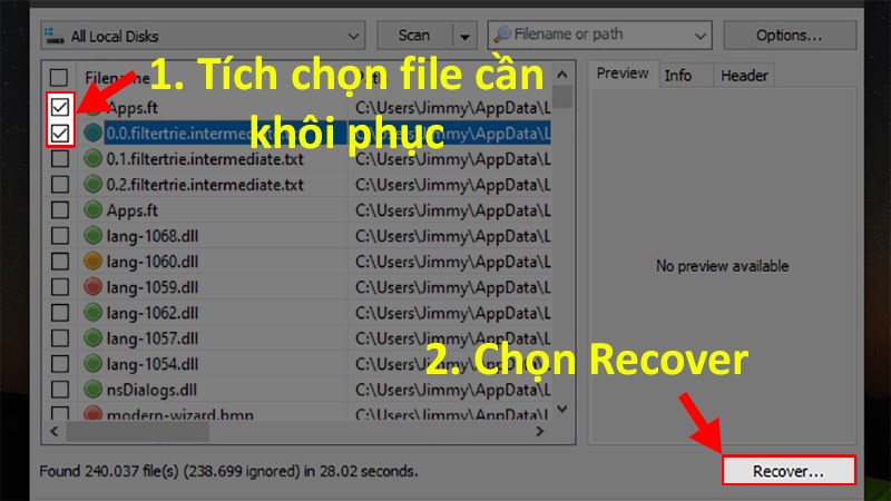 Tích chọn những ô có dữ liệu muốn khôi phục > Nhấp vào Recover...