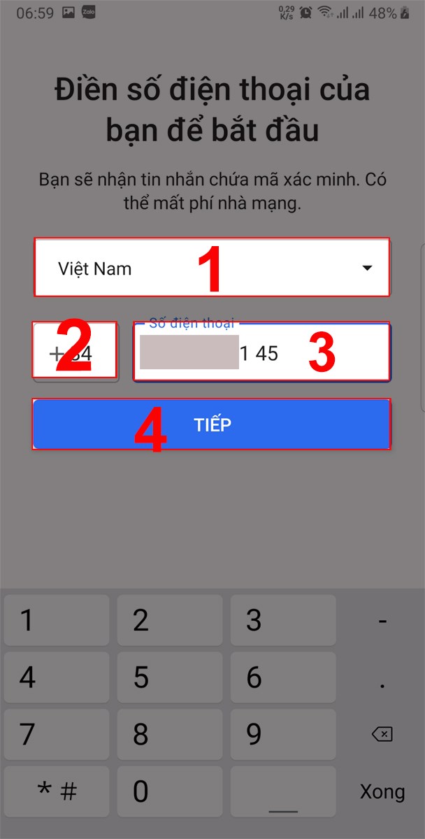 Chọn Quốc gia và mã vùng và nhập Số điện thoại.