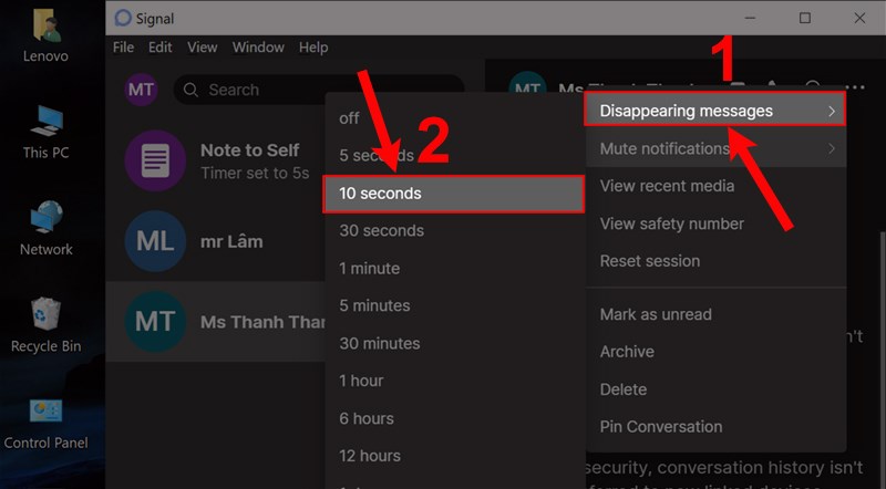 Chọn Disappearing messenges v&agrave; chọn thời gian muốn hủy tin nhắn.