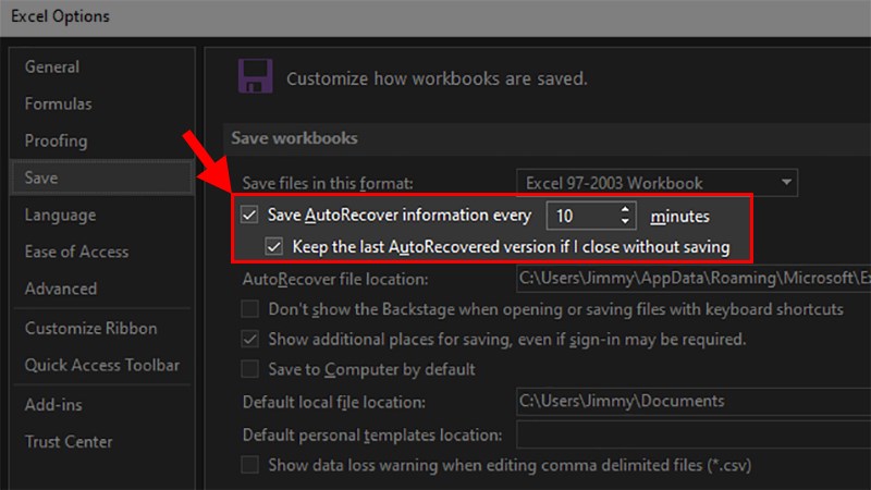 Tích vào Save Auto Recover&nbsp;và&nbsp;Keep the last Autosave&nbsp;> Nhấn OK