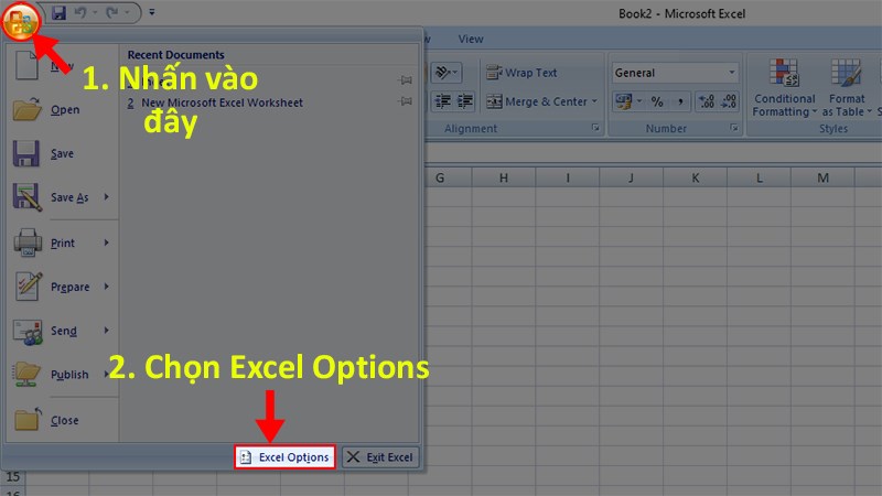 Mở file Excel > Chọn nút Microsoft  > Chọn Excel Options