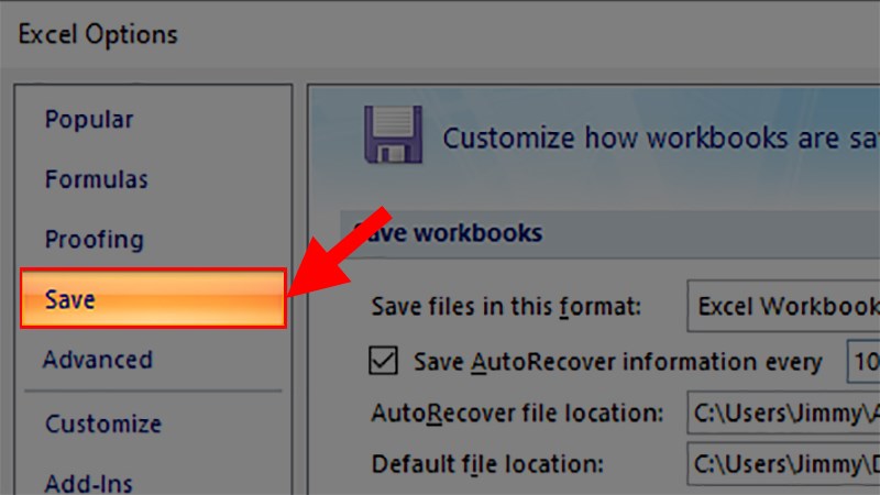 Hộp thoại Excel Options hiện lên > Chọn thẻ Save