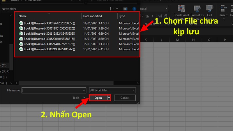 Chọn file Excel chưa lưu > Nhấn Open