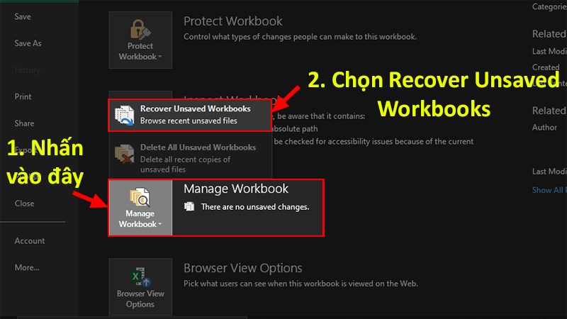 Chọn Manage Document (Quản lý tài liệu) > Chọn Recover Unsaved Workbooks