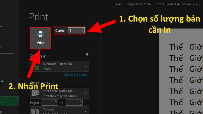 Chọn số lượng bản cần in > Nhấn Print để in file Excel