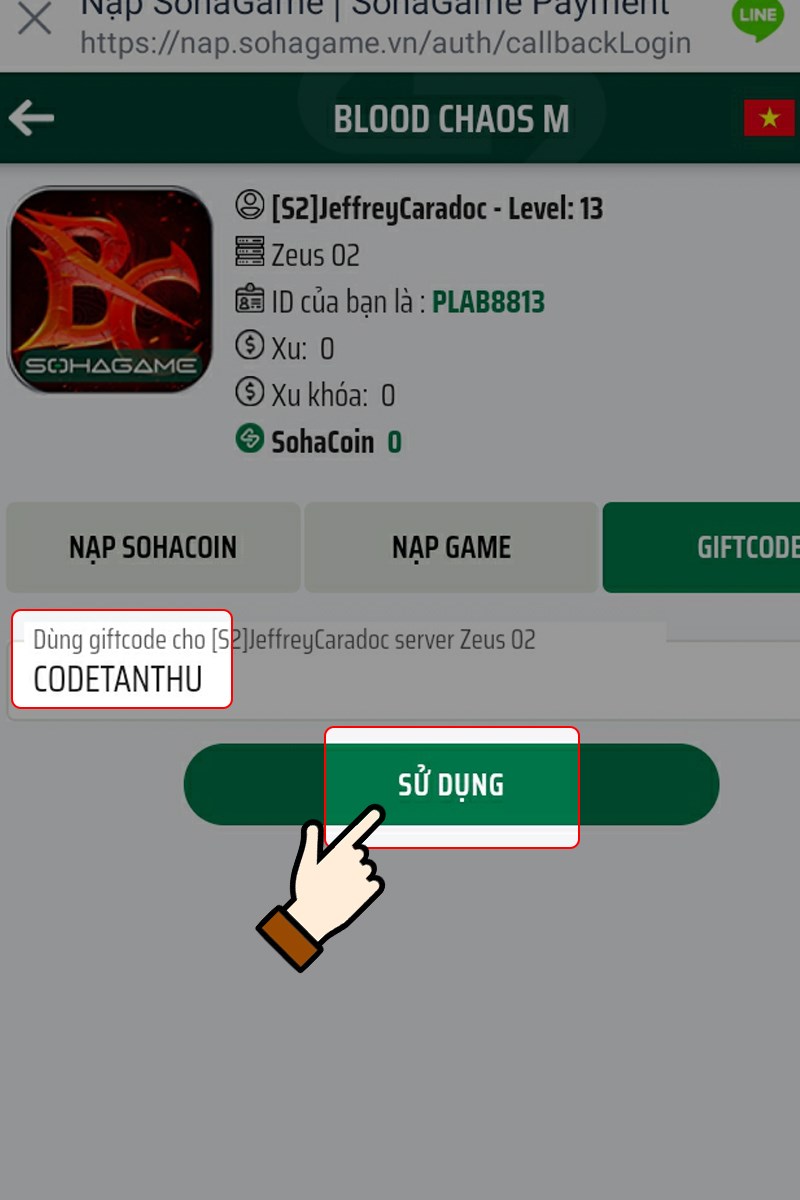 Nhập mã code > Nhấn chọn Sử dụng Nhập mã code > Nhấn chọn Sử dụng