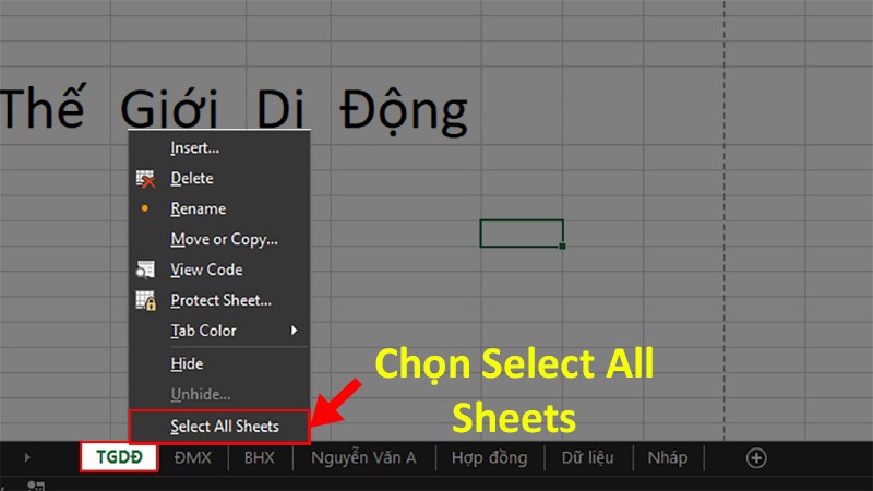 Mở&nbsp;file Excel&nbsp;cần in > Nhấp&nbsp;chuột phải&nbsp;vào&nbsp;sheet đầu tiên > Chọn Select All Sheet