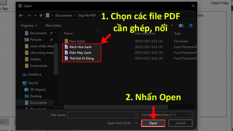 Chọn các file PDF cần ghép, nối > Nhấn Open