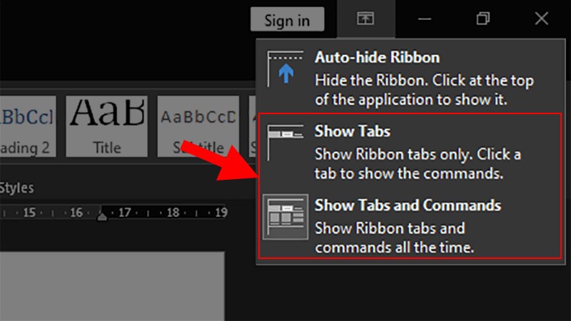 Chọn Show Tabs (chỉ hiện thanh Tab) hoặc Show Tabs and Commands (hiện toàn bộ thanh Ribbon)