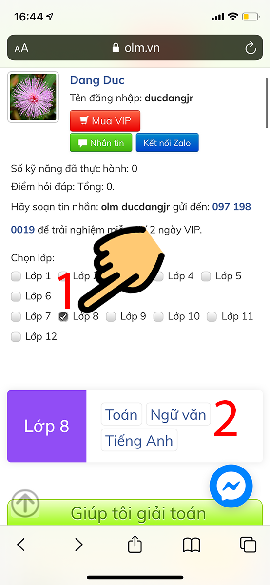 Chọn khối lớp muốn học