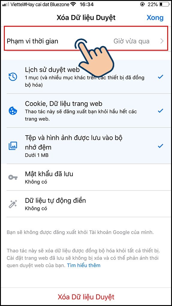  Chọn mốc thời gian đã sử dụng web bạn muốn xoá.