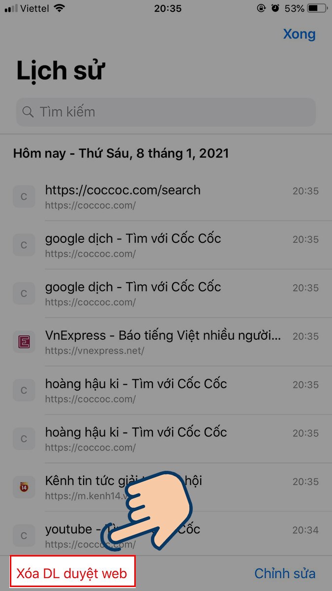 Chọn Xoá DL duyệt web.