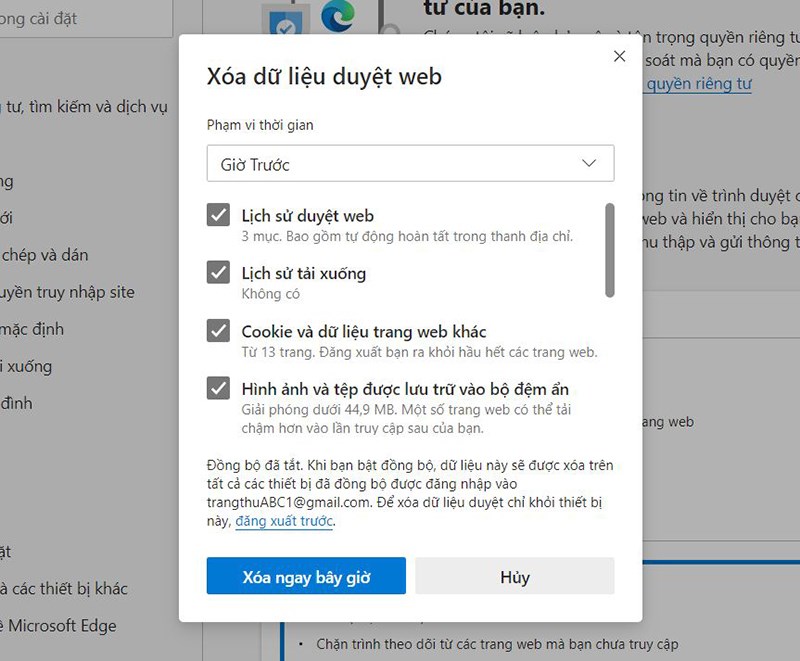 Chọn Xóa Dữ Liệu Duyệt Web.