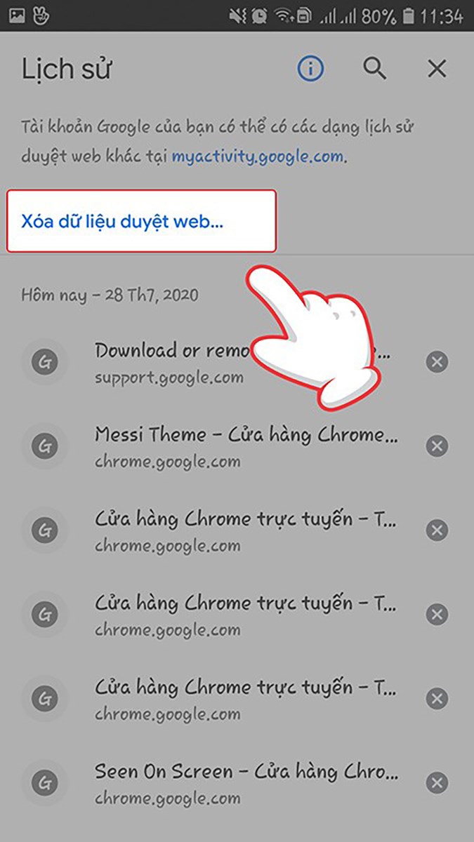 Nhấp vào Xóa dữ liệu duyệt web.