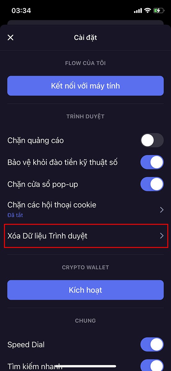 Chọn Xoá dữ liệu trình duyệt.