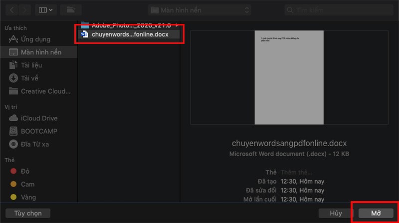 Chọn file Word mà bạn muốn chuyển sang PDF > Chọn Mở Chọn file Word mà bạn muốn chuyển sang PDF > Chọn Mở