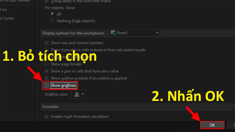 Bỏ tích chọn Gridliness&nbsp;> Nhấn&nbsp;OK&nbsp;để xóa dòng kẻ ô trong Excel vĩnh viễn