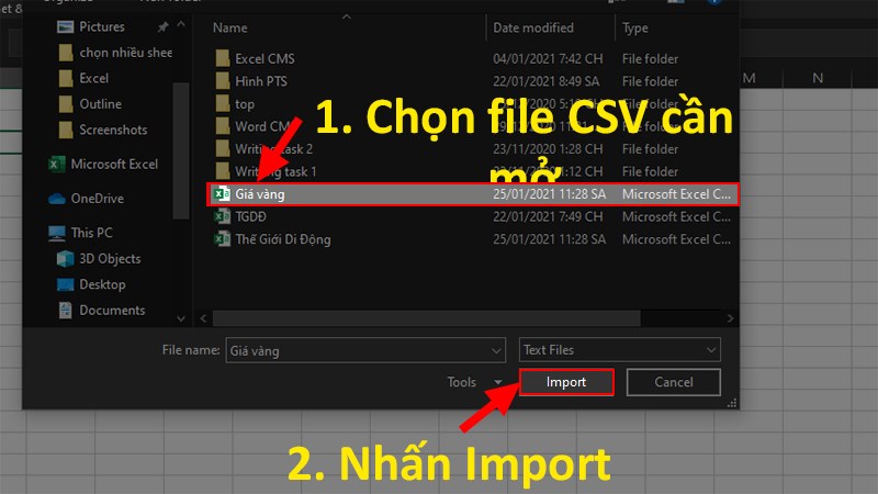 Chọn file CSV cần mở > Nhấn Open