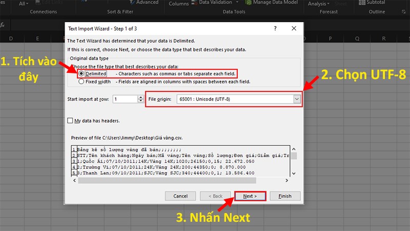 Chọn Delimited > Đi đến File origin > Chọn UTF-8 > Nhấn Next