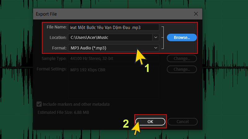 Thiết lập tên file, nơi lưu trữ, định dạng và bấm OK