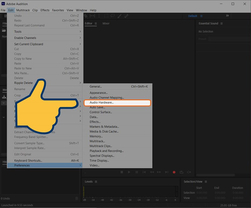 Chọn mục Preferences và tiếp tục chọn Audio Hardware