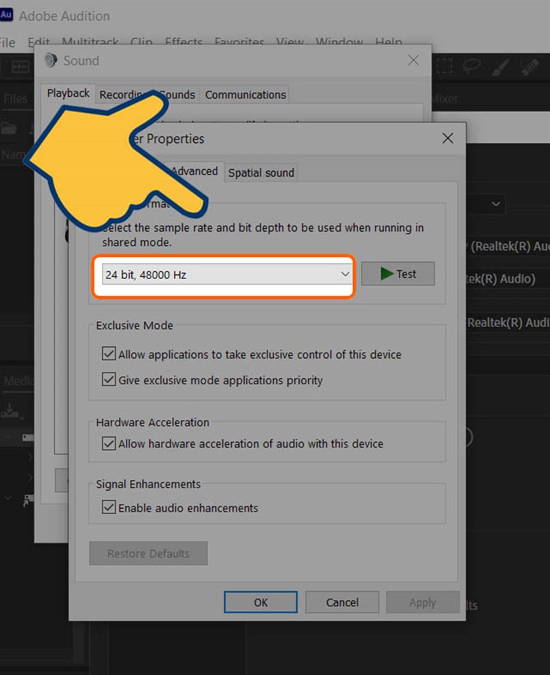 Lựa chọn 24 bit, 48000 Hz (Studio Quality) > nhấn OK