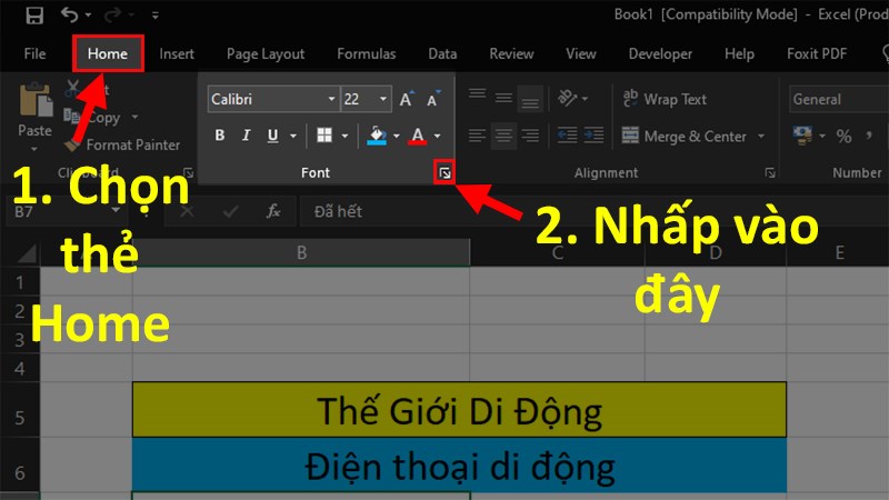Chọn thẻ Home > Đến mục Font > Chọn mũi tên hướng xuống