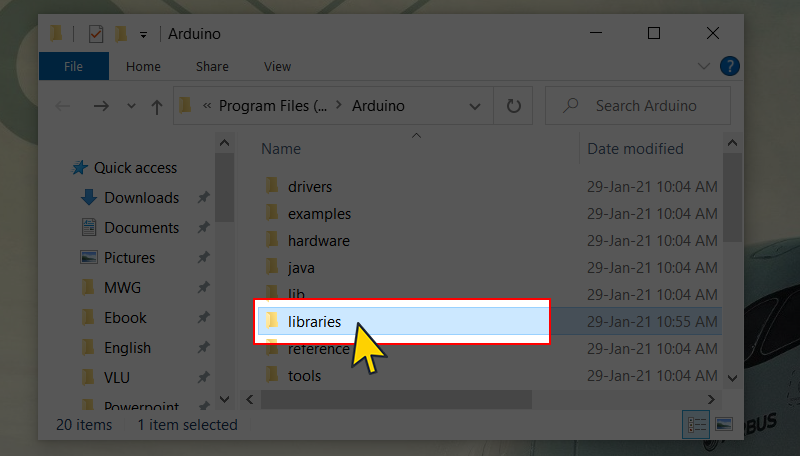 Truy cập vào folder "library" của Arduino IDE