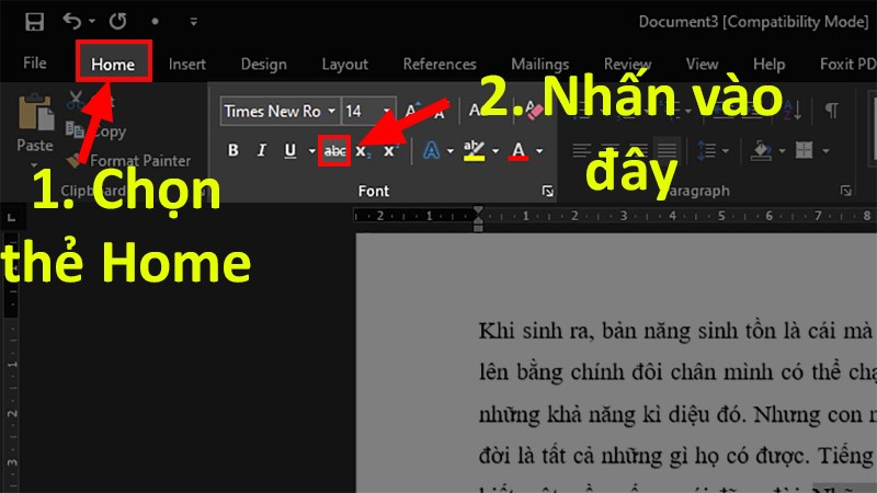 Chọn thẻ Home > Chọn&nbsp;abc để gạch ngang dòng chữ đã chọn