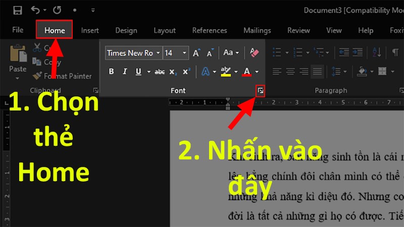 Chọn thẻ Home > Ở mục Font > Nhấp vào dấu mũi tên hướng xuống