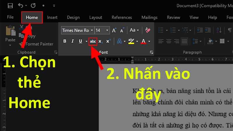 Chọn thẻ Home > Nhấn vào&nbsp;abc&nbsp; 1 lần nữa để bỏ gạch ngang dòng chữ đã chọn
