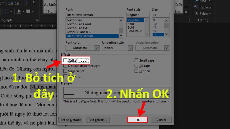 Bỏ chọn Strikethrough > Nhấn&nbsp;OK&nbsp;để bỏ gạch ngang chữ trong Word