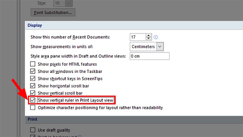 Đi đến mục Display > Tích chọn vào ô Show vertical ruler in Print Layout view để hiện thanh thước dọc trong Word 2007