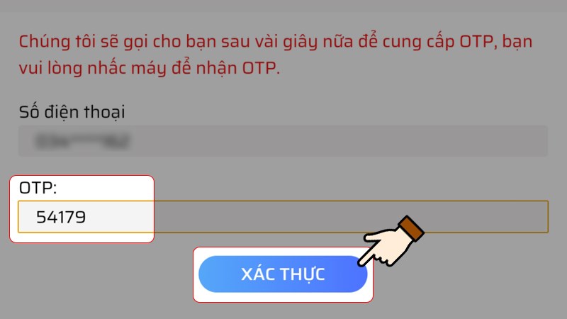Nhập mã OTP để xác minh tài khoản game