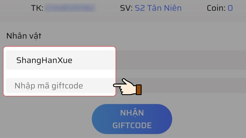 Chọn nhân vật và nhập code quà tặng
