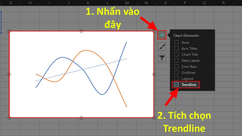 Nhấp chuột trái vào đồ thị > Chọn dấu cộng màu xanh > Tích chọn Trendline để thêm đường trend vào đồ thị.
