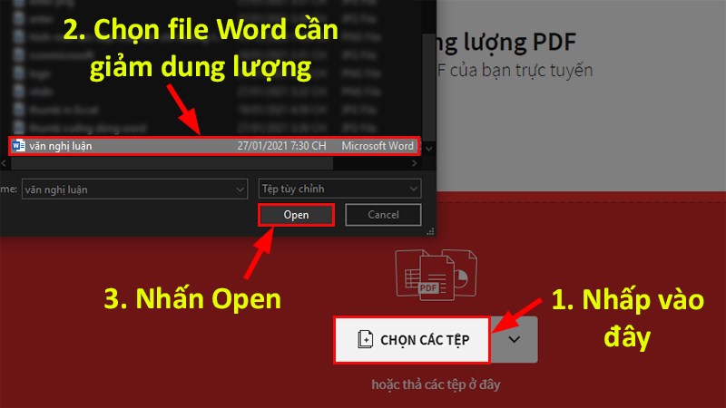 Nhấp vào Chọn tệp > Chọn file Word từ máy > Nhấn Open > Đợi tệp được tải lên