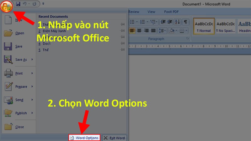 Mở file Word bị lỗi cách chữ > Nhấp vào biểu tượng Microsoft > Chọn Word Options