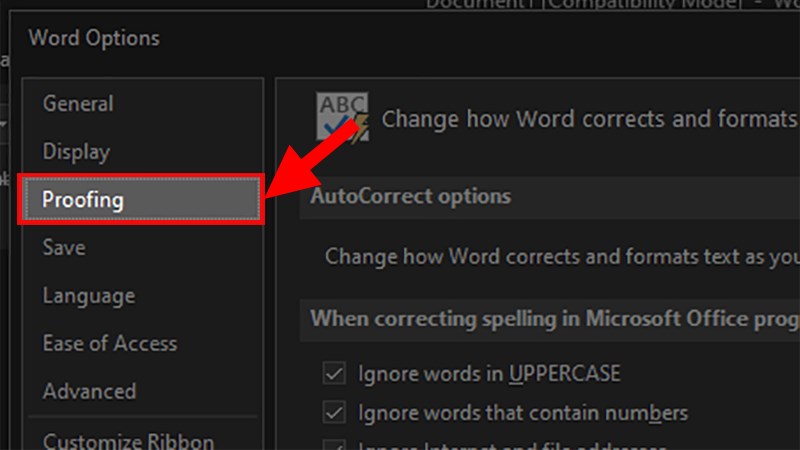 Hộp thoại Word Options hiện lên > Chọn mục Proffing