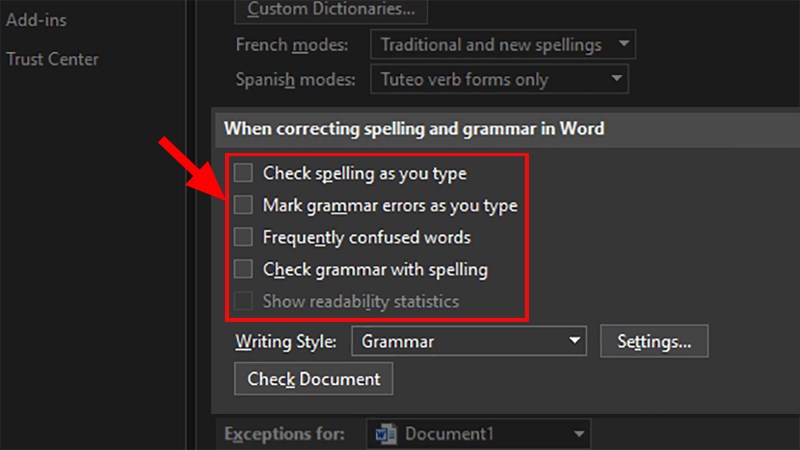 Đi đến phần When correcting spelling and grammar in Word > Bỏ tích toàn bộ các ô có trong phần này