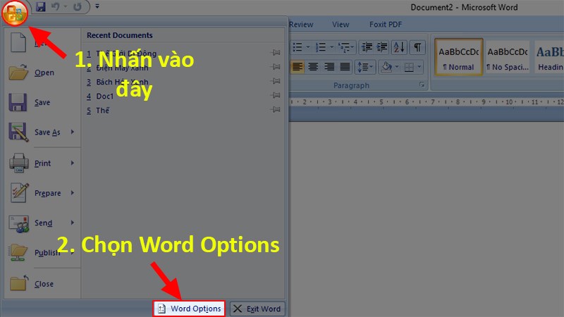 Mở file Word bị lỗi dính chữ > Chọn nút Microsoft Office > Chọn Word Options
