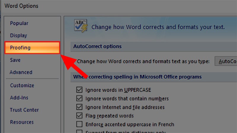 Hộp thoại Word Options hiện lên > Chọn mục Proffing