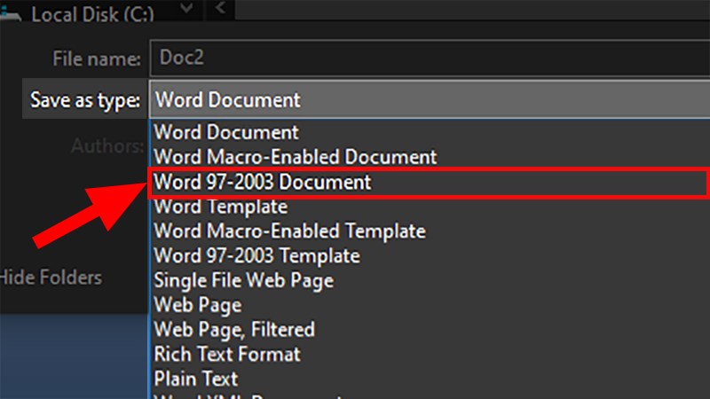 Ở cửa sổ Save as > Đi đến phần Save as type > Chọn Word 97-2003 Document (*.doc)
