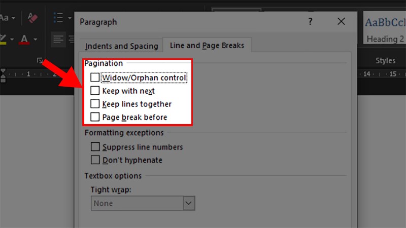 Bỏ tích chọn cả 4 ô ở phần Pagination > Nhấn OK để sửa lỗi nhảy trang trong Word